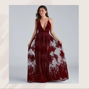 Windsor - Morgan Formal Flocked Velvet Dress (Burgundy)